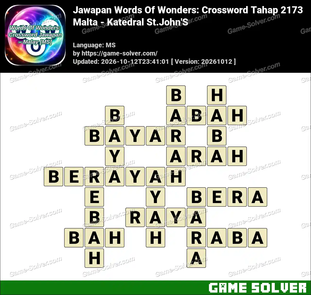 Jawapan Words Of Wonders: Crossword Tahap 2173 – Malta – Katedral St.John’S